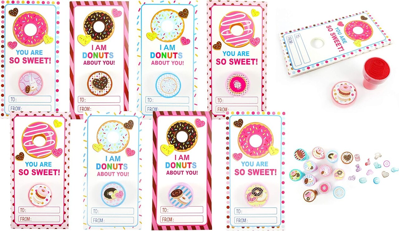 Tiny Mills 36 PACK Donuts Cards with Donuts Stampers for Valentine's Day Classroom Exchange Birthday Party Favor Prizes Valentine's Day